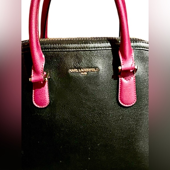 Karl Lagerfeld Paris Black Leather & Magenta Simone Satchel - Picture 7 of 16